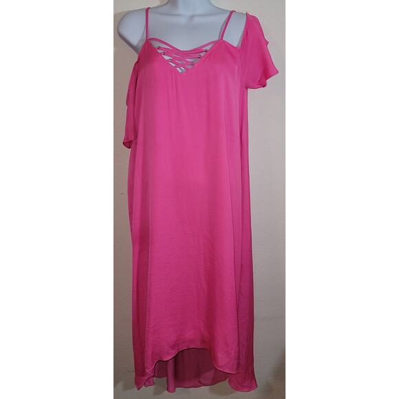 Jennifer Lopez Pink Cold Shoulder Hi Low Midi Dress Medium Criss Cross Bodice - Picture 1 of 7